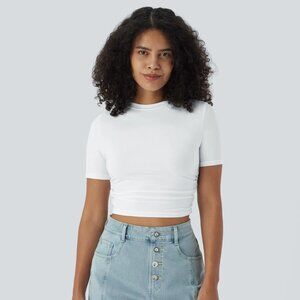 Round Neck Short Sleeve Ruched Skinny Cropped Casual T-Shirt